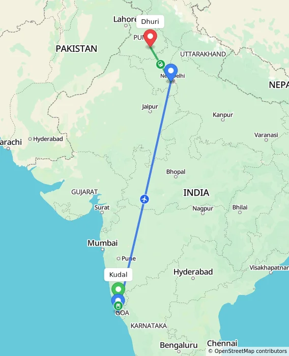 Route map showing distance and travel time from Kudal, India to Dhuri, India