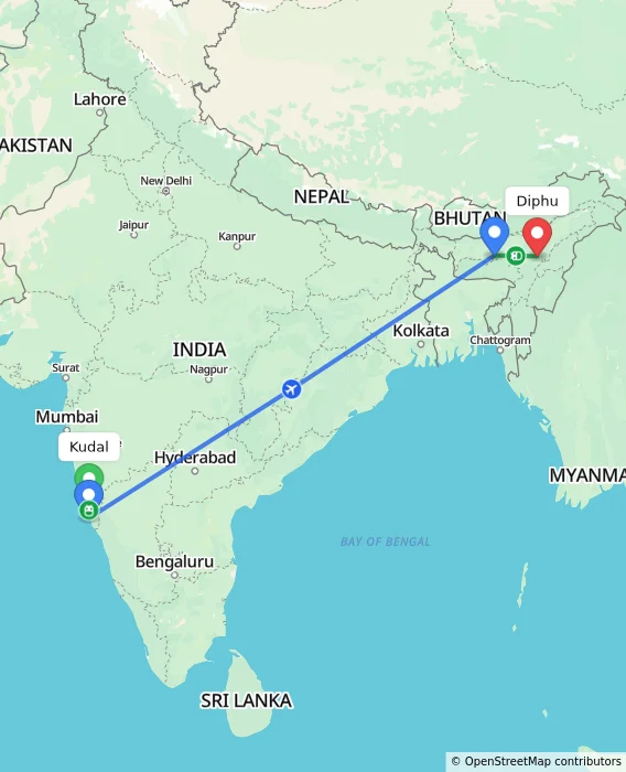 Route map showing distance and travel time from Kudal, India to Diphu, India