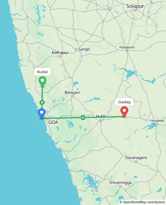 Route map showing distance and travel time from Kudal, India to Gadag, India