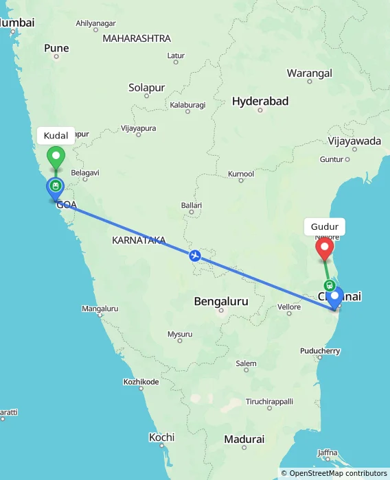 Route map showing distance and travel time from Kudal, India to Gudur, India