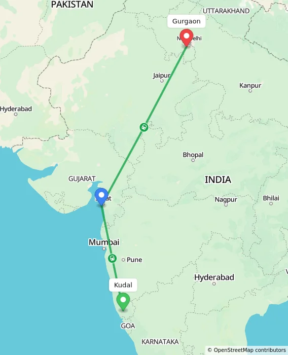 Route map showing distance and travel time from Kudal, India to Gurgaon, India