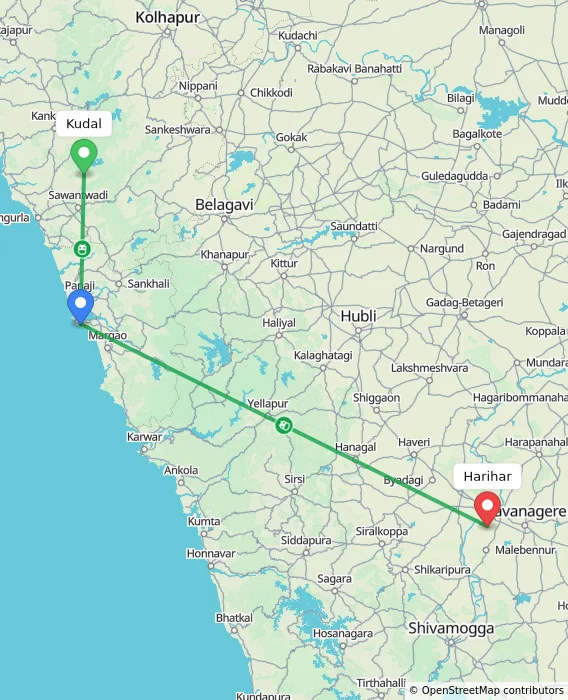 Route map showing distance and travel time from Kudal, India to Harihar, India