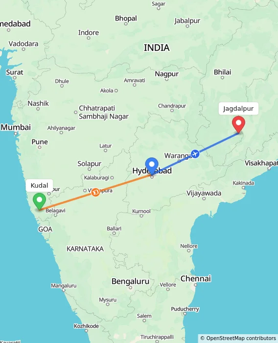 Route map showing distance and travel time from Kudal, India to Jagdalpur, India