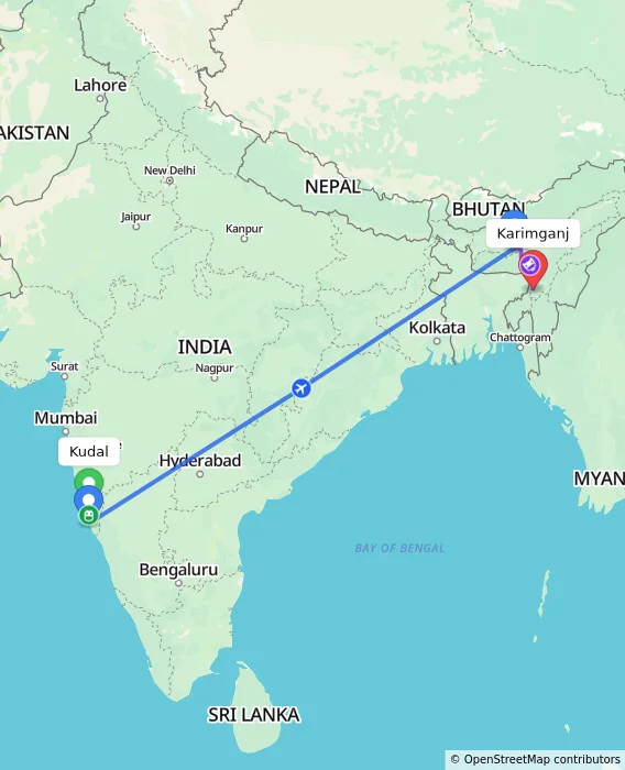 Route map showing distance and travel time from Kudal, India to Karimganj, India