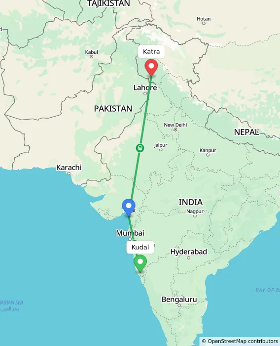 Route map showing distance and travel time from Kudal, India to Katra, India