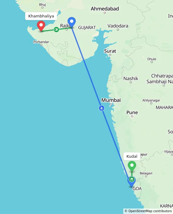 Route map showing distance and travel time from Kudal, India to Khambhaliya, India