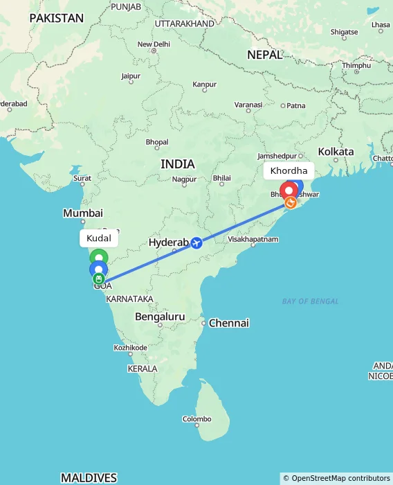 Route map showing distance and travel time from Kudal, India to Khordha, India