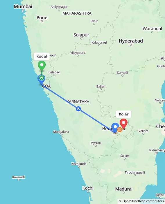 Route map showing distance and travel time from Kudal, India to Kolar, India