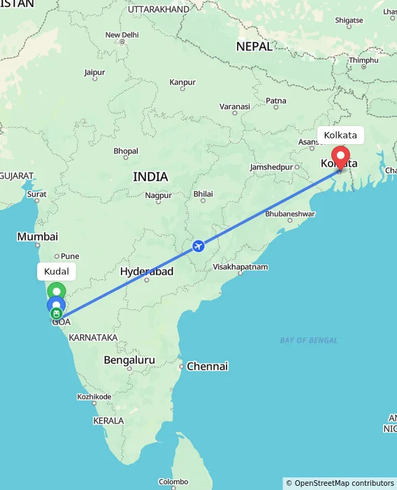 Route map showing distance and travel time from Kudal, India to Kolkata, India