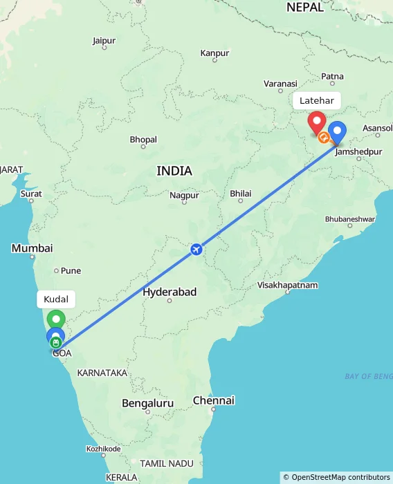 Route map showing distance and travel time from Kudal, India to Latehar, India