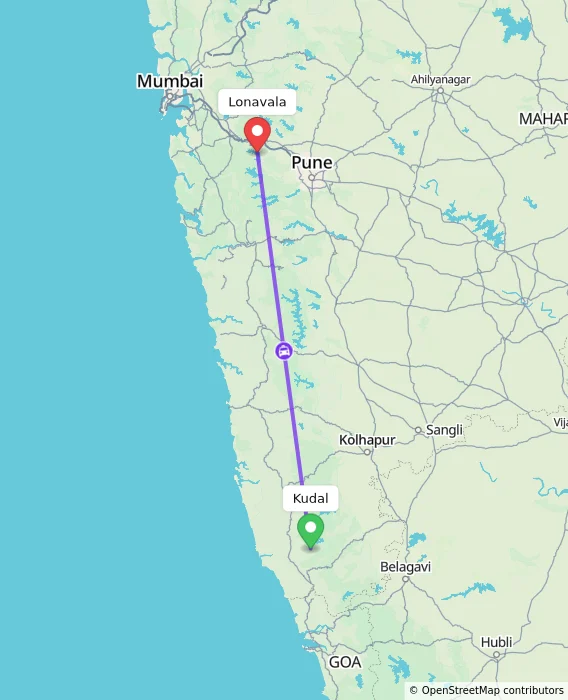 Route map showing distance and travel time from Kudal, India to Lonavala, India