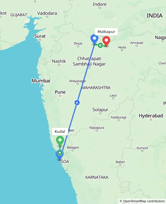 Route map showing distance and travel time from Kudal, India to Malkapur, India