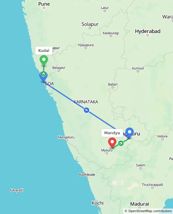 Route map showing distance and travel time from Kudal, India to Mandya, India