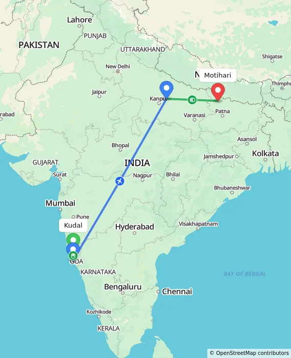 Route map showing distance and travel time from Kudal, India to Motihari, India