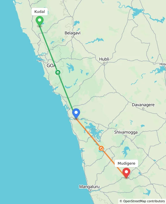 Route map showing distance and travel time from Kudal, India to Mudigere, India