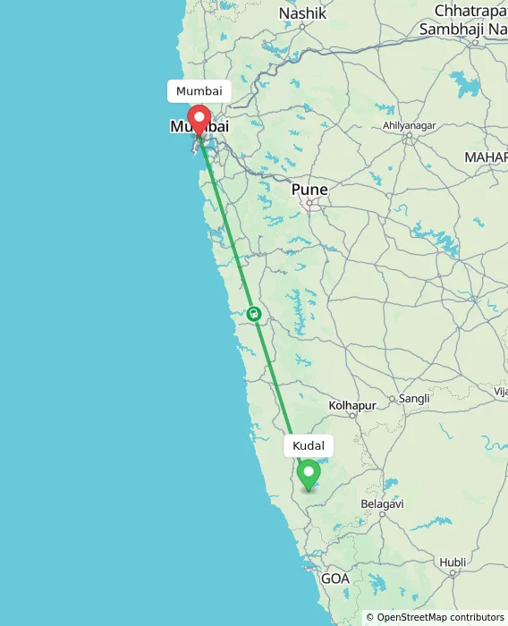 Route map showing distance and travel time from Kudal, India to Mumbai, India