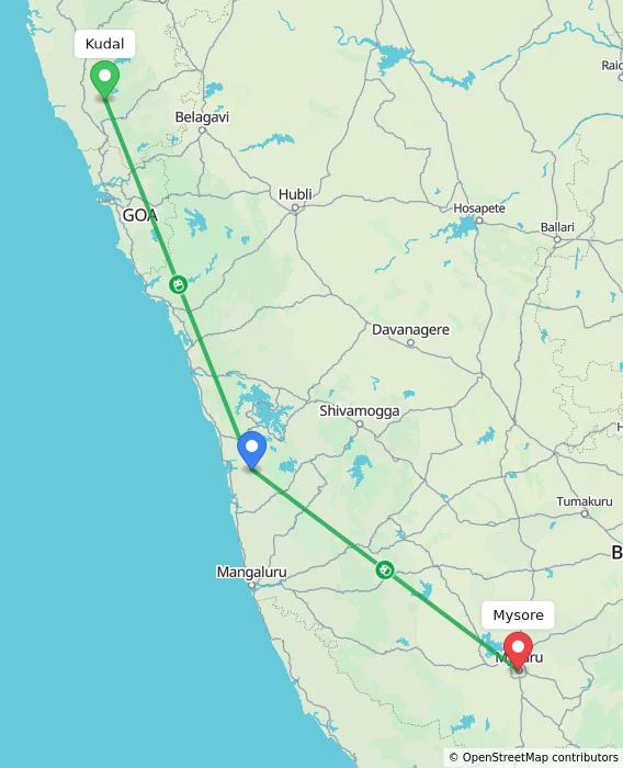Route map showing distance and travel time from Kudal, India to Mysore, India