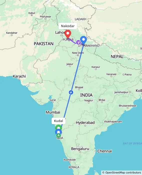 Route map showing distance and travel time from Kudal, India to Nakodar, India