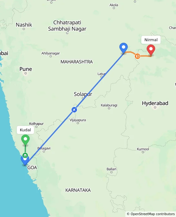Route map showing distance and travel time from Kudal, India to Nirmal, India