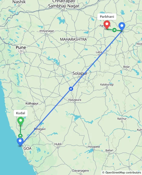 Route map showing distance and travel time from Kudal, India to Parbhani, India