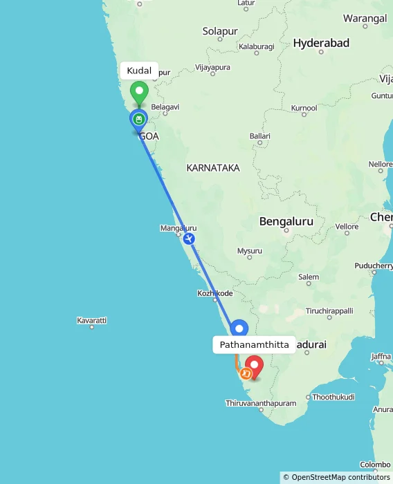 Route map showing distance and travel time from Kudal, India to Pathanamthitta, India