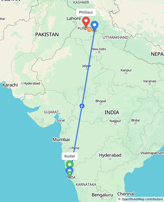 Route map showing distance and travel time from Kudal, India to Phillaur, India