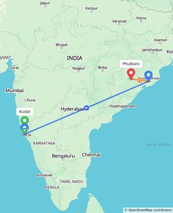 Route map showing distance and travel time from Kudal, India to Phulbani, India