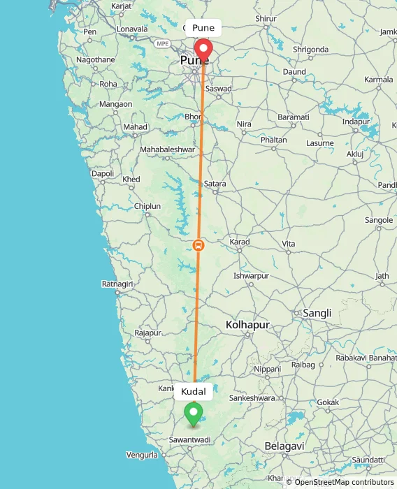 Route map showing distance and travel time from Kudal, India to Pune, India