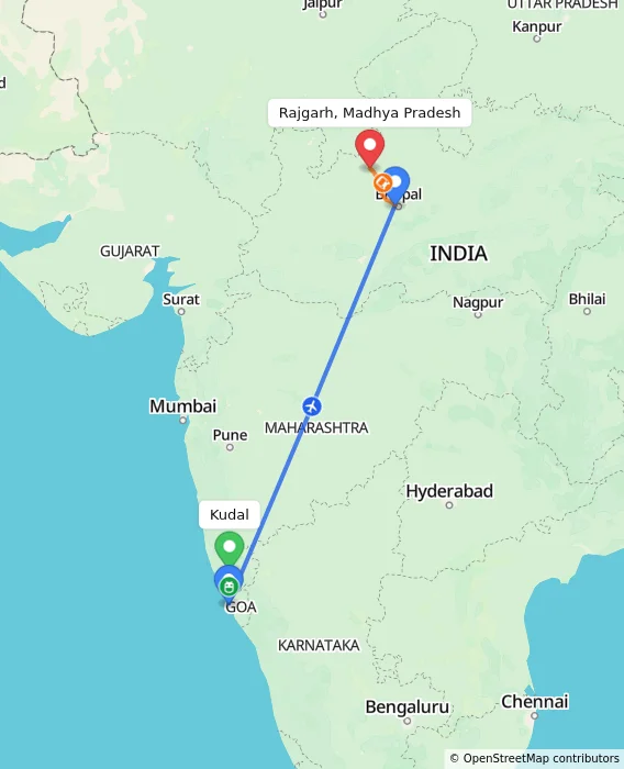Route map showing distance and travel time from Kudal, India to Rajgarh, Madhya Pradesh, India