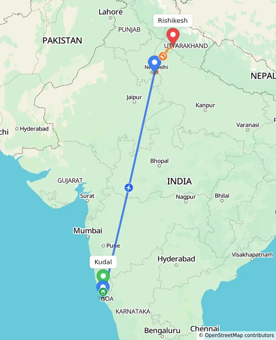 Route map showing distance and travel time from Kudal, India to Rishikesh, India