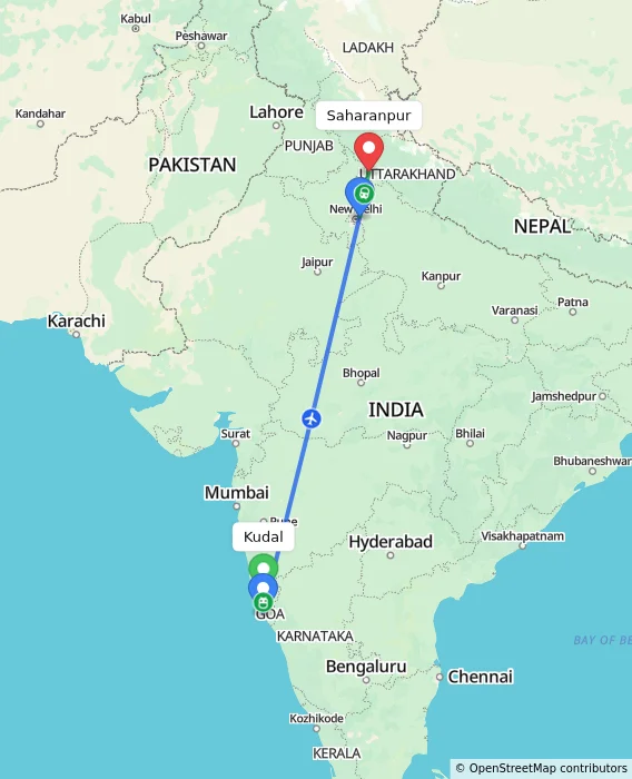 Route map showing distance and travel time from Kudal, India to Saharanpur, India