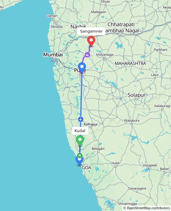 Route map showing distance and travel time from Kudal, India to Sangamner, India
