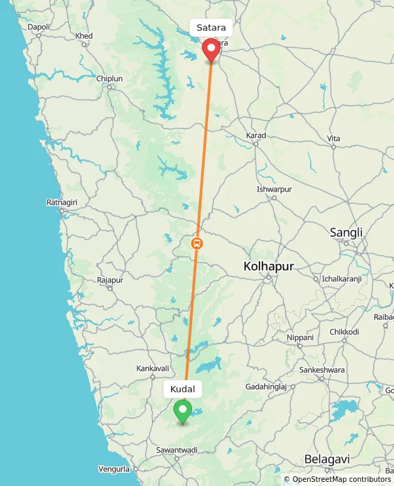 Route map showing distance and travel time from Kudal, India to Satara, India