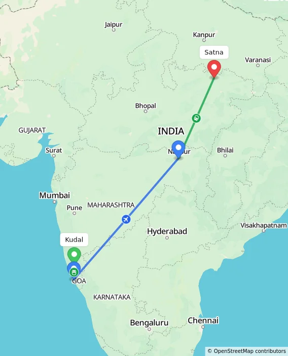 Route map showing distance and travel time from Kudal, India to Satna, India