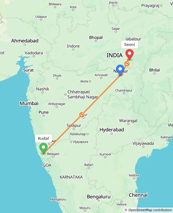 Route map showing distance and travel time from Kudal, India to Seoni, India