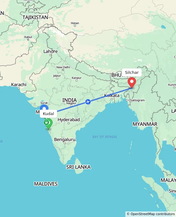 Route map showing distance and travel time from Kudal, India to Silchar, India