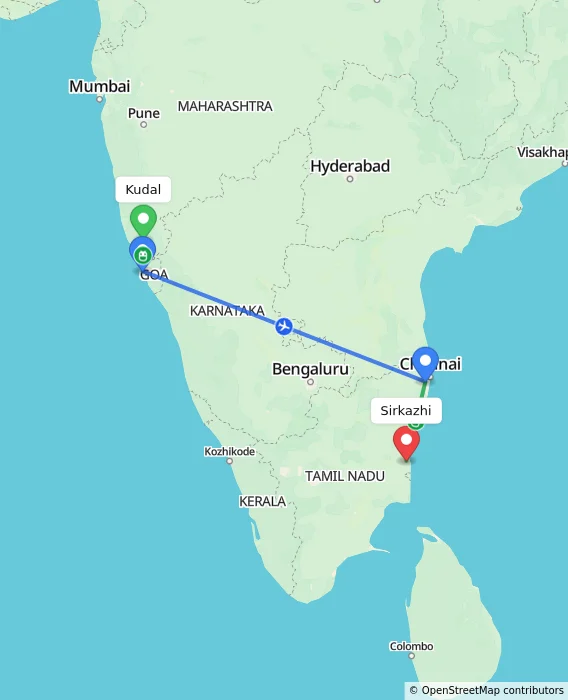 Route map showing distance and travel time from Kudal, India to Sirkazhi, India