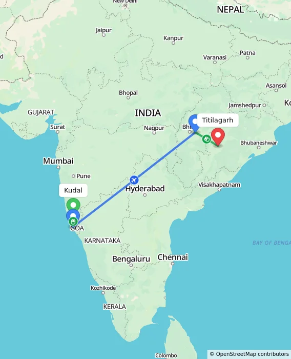 Route map showing distance and travel time from Kudal, India to Titilagarh, India
