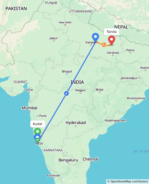 Route map showing distance and travel time from Kudal, India to Tanda, India