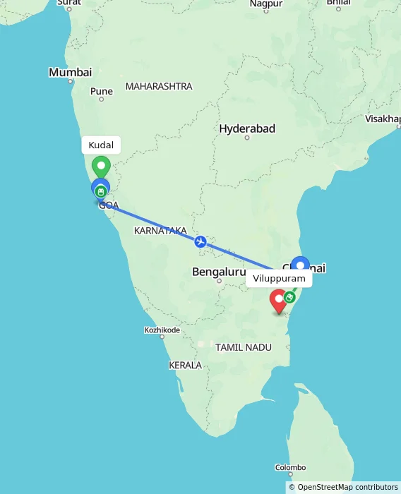 Route map showing distance and travel time from Kudal, India to Viluppuram, India