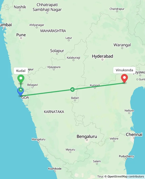 Route map showing distance and travel time from Kudal, India to Vinukonda, India