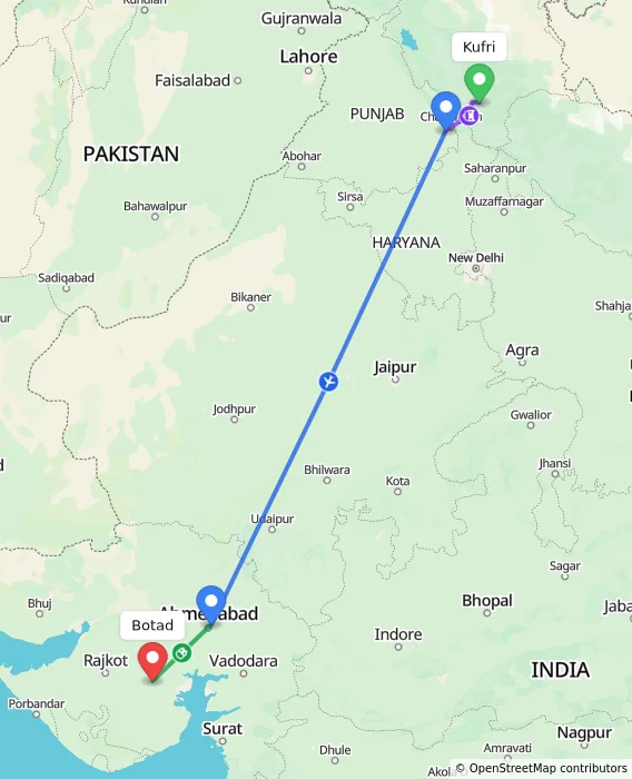 Route map showing distance and travel time from Kufri, India to Botad, India