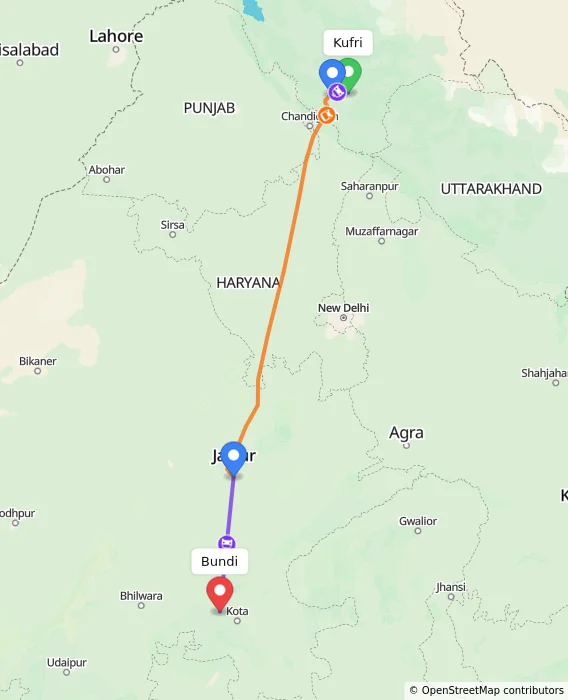 Route map showing distance and travel time from Kufri, India to Bundi, India