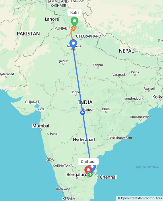 Route map showing distance and travel time from Kufri, India to Chittoor, India