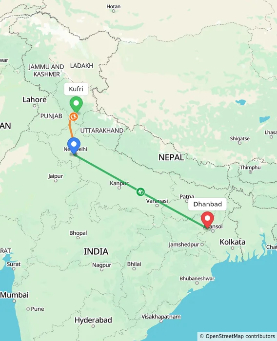Route map showing distance and travel time from Kufri, India to Dhanbad, India