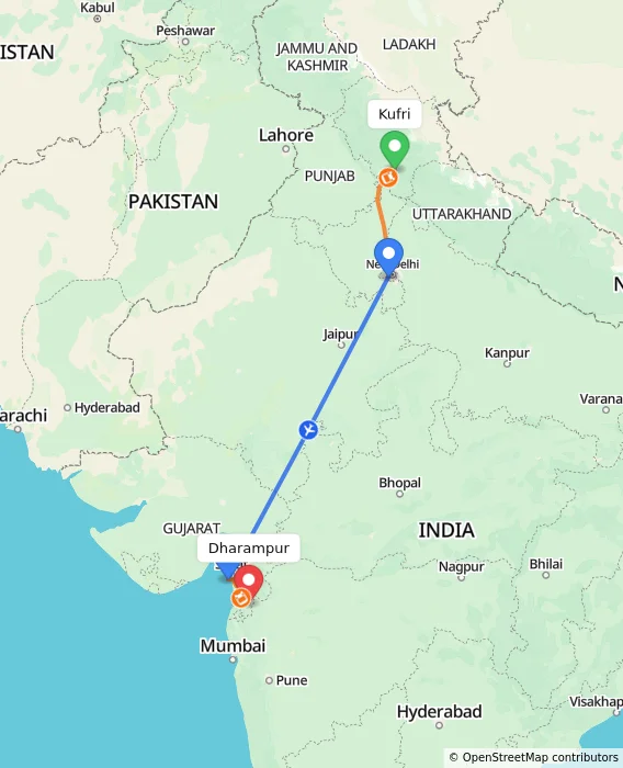Route map showing distance and travel time from Kufri, India to Dharampur, India