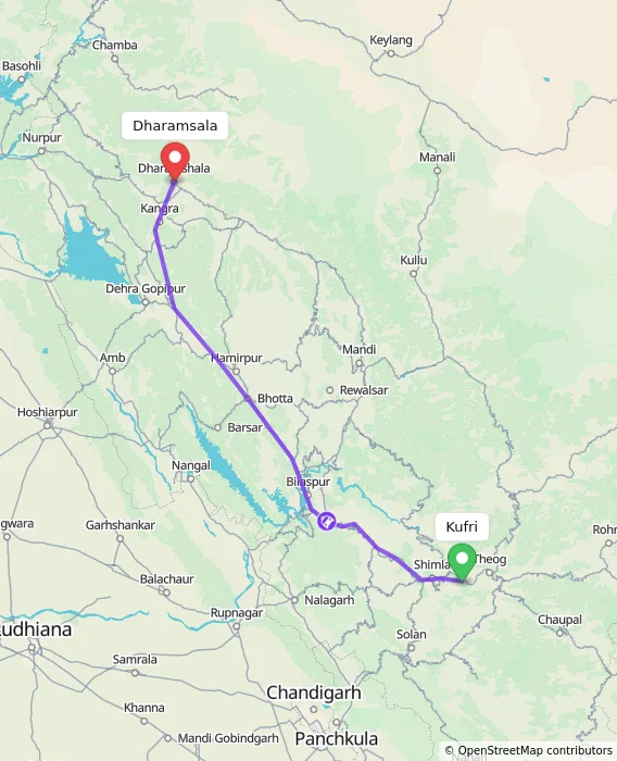 Route map showing distance and travel time from Kufri, India to Dharamsala, India
