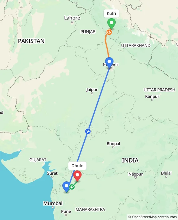 Route map showing distance and travel time from Kufri, India to Dhule, India