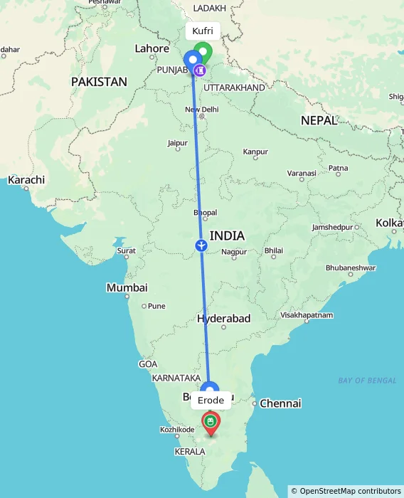 Route map showing distance and travel time from Kufri, India to Erode, India