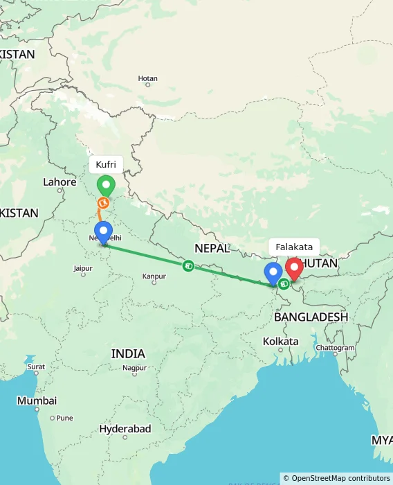 Route map showing distance and travel time from Kufri, India to Falakata, India